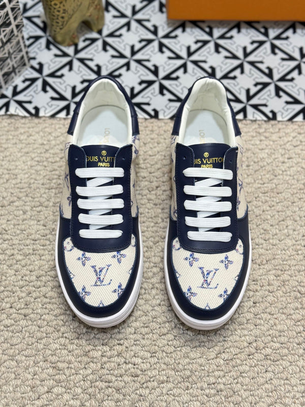 LV TRAINER SNEAKER NAVY BLUE CALFSKIN AND BEIGE MONOGRAM CANVAS