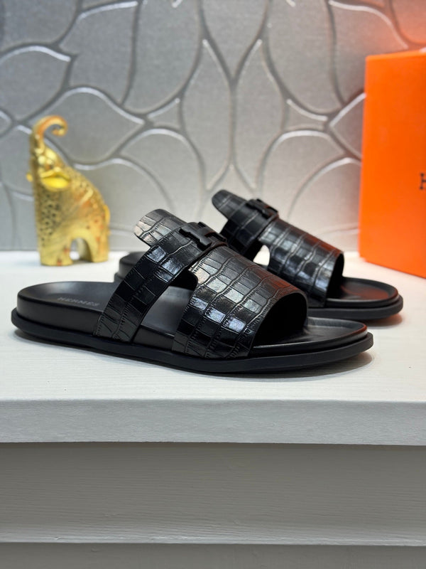 HM Oran H Noir Buckle Slippers in Black Cowhide 735238