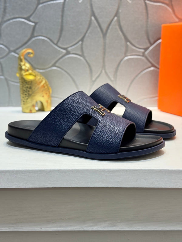 Pantofole HM Oran H con fibbia in oro nero in pelle di vacchetta blu 735243