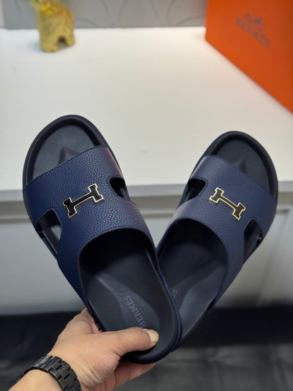 HM Oran H Black Gold Buckle Slippers in Blue Cowhide 735243