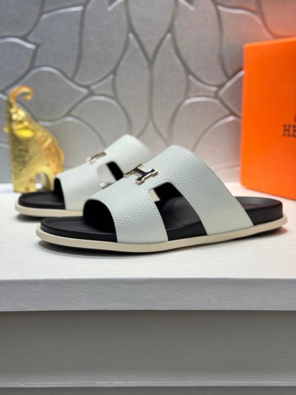 HM Oran H Black Gold Buckle Slippers in White Cowhide 735244