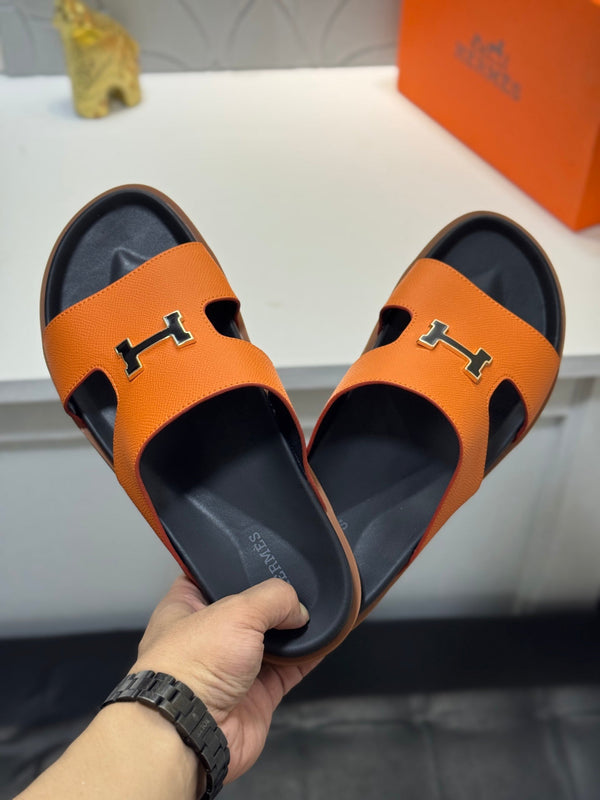 HM Oran H Black Gold Buckle Slippers in Orange Cowhide 735253