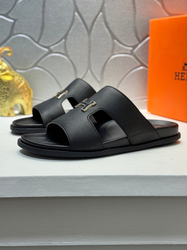 HM Oran H Black Gold Buckle Slippers in Black Cowhide 735254