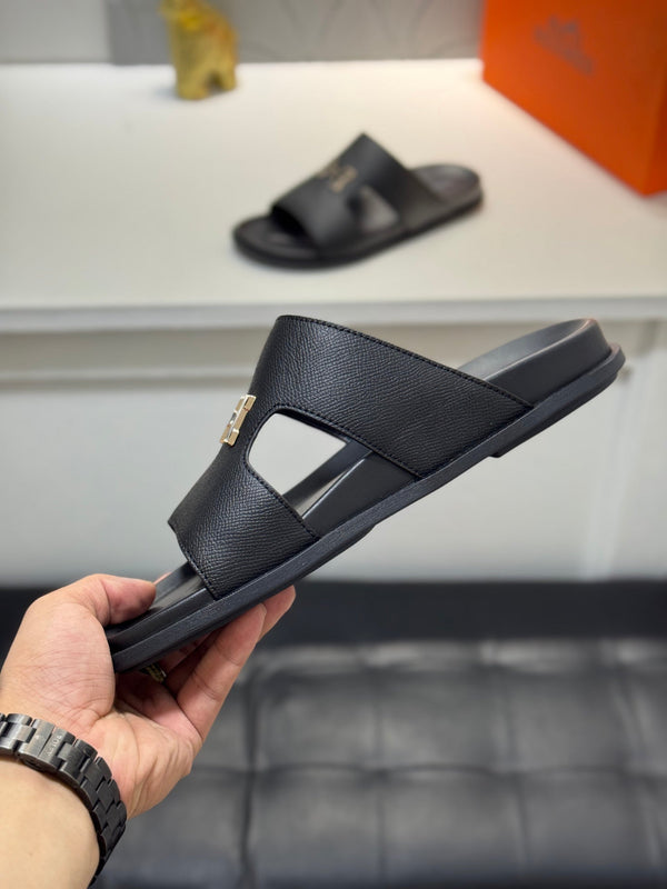 HM Oran H Black Gold Buckle Slippers in Black Cowhide 735254