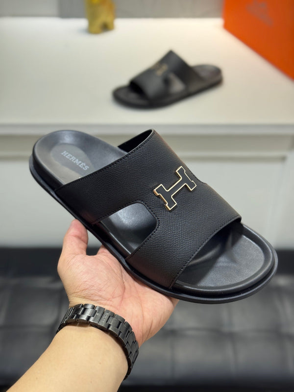 HM Oran H Black Gold Buckle Slippers in Black Cowhide 735254