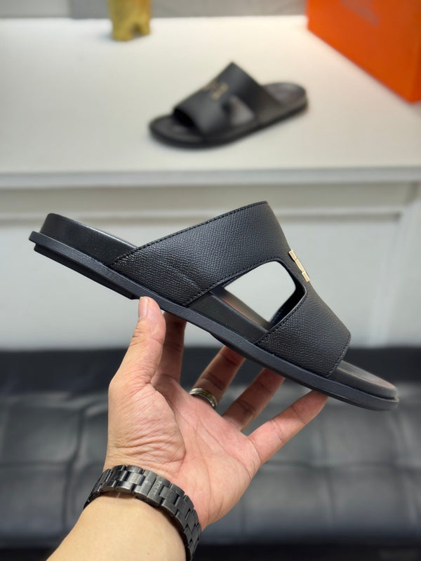 HM Oran H Black Gold Buckle Slippers in Black Cowhide 735254