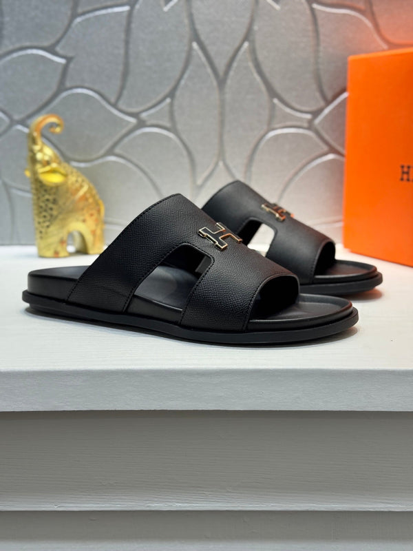 HM Oran H Black Gold Buckle Slippers in Black Cowhide 735254