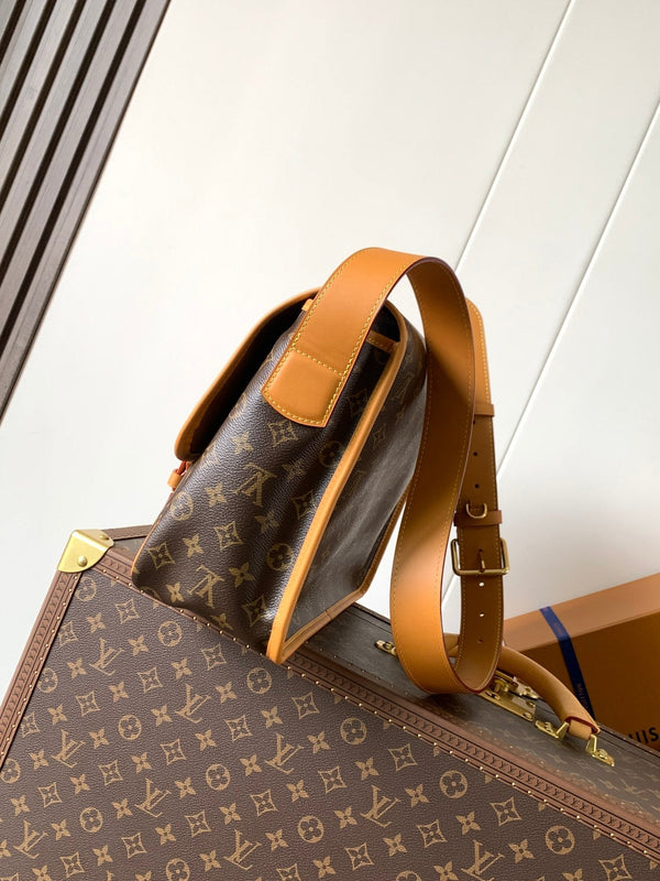 LV Satchel Messenger Bag 35.5cm Brown Monogram Canvas & Cowhide