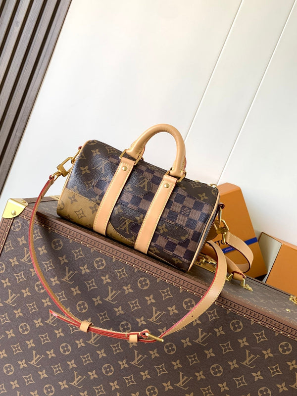 LV Keepall Bandoulière 25 Brown Boro Monogram Landscape canvas & Cowhide