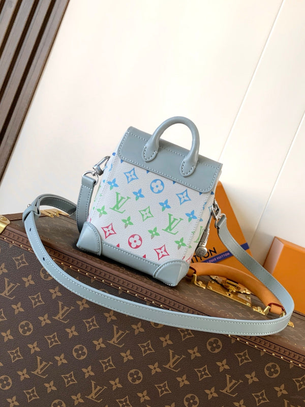 LV M13905 Nano Steamer Bag 15cm Solf Blue White Monogram Silver HW