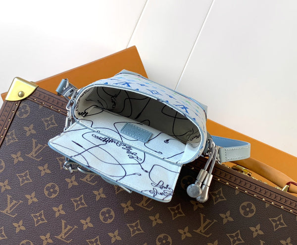 LV M13905 Nano Steamer Bag 15cm Solf Blue White Monogram Silver HW