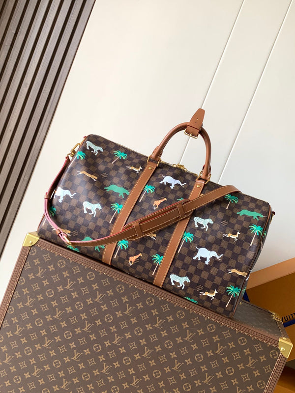LV Keepall Bandoulière 50 Marrone Tela Monogramma Stampata Animalier