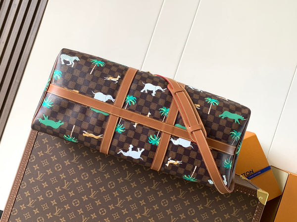 LV Keepall Bandoulière 50 Marrone Tela Monogramma Stampata Animalier