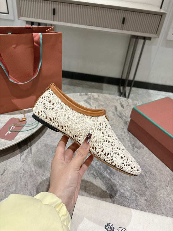 LP hollow knit ballet flats white fabric 379026