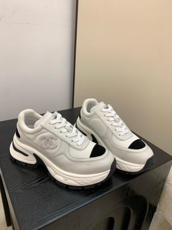 Chanel Sneakers Gray Black Leather And Mesh Fabric 537187