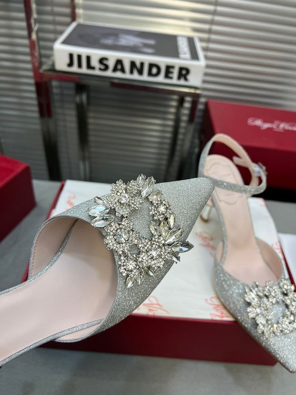 Flower Strass Buckle Slingback Pump 90 Grey Crystal Satin