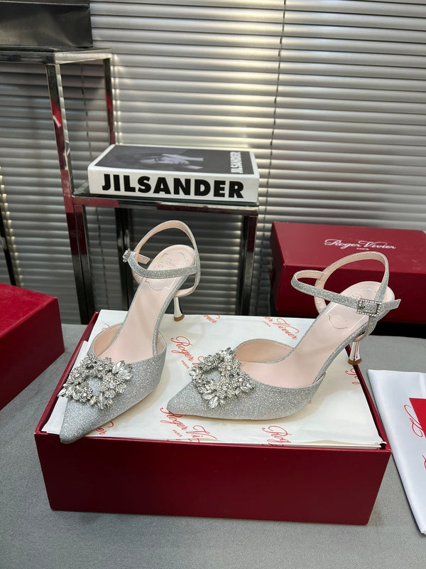 Flower Strass Buckle Slingback Pump 90 Grey Crystal Satin