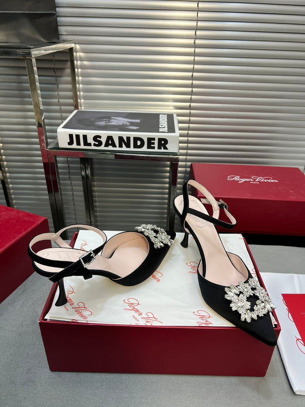 Flower Strass Buckle Slingback Pump 90 Black Satin