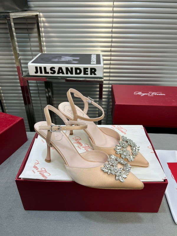 Flower Strass Buckle Slingback Pump 90 Beige Satin