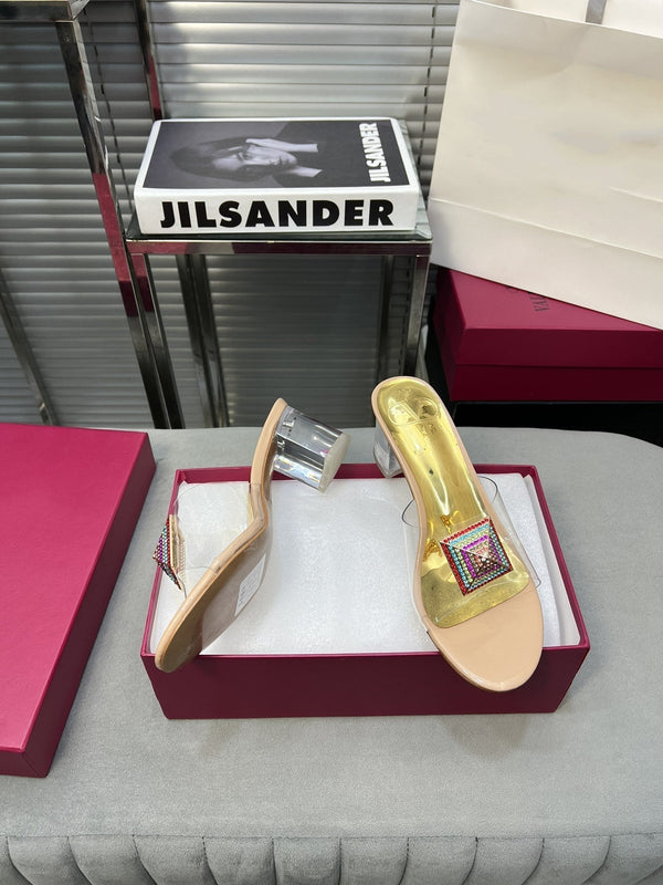 Heeled Sandals 6cm with Crystal Square Buckle Gold and Beige