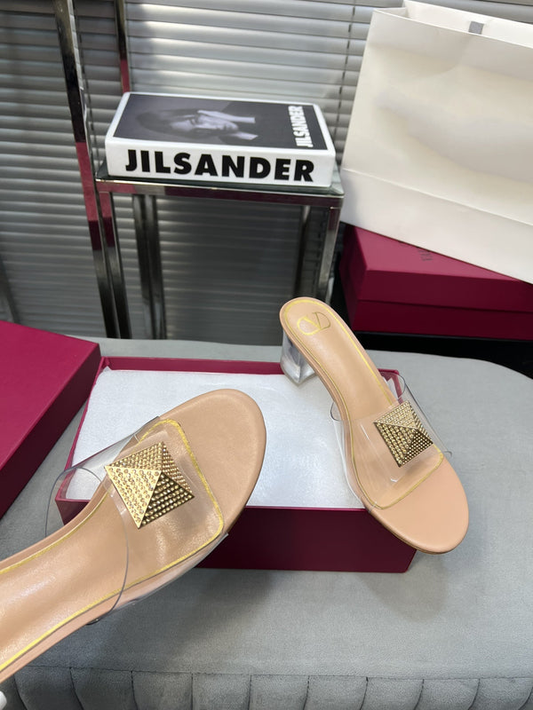 Heeled Sandals 6cm with Crystal Square Buckle Beige