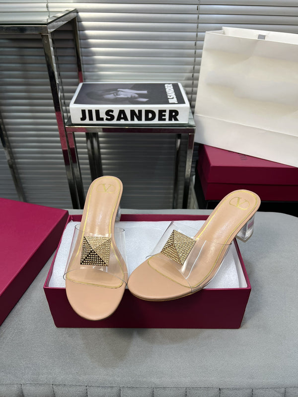 Heeled Sandals 6cm with Crystal Square Buckle Beige