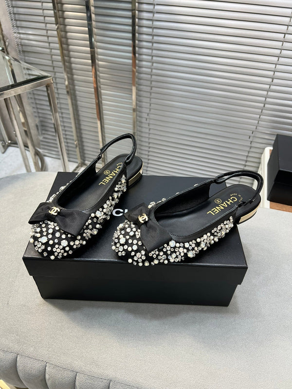 slingback piatto nero ciotola seta fibbia diamante