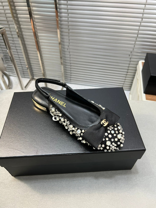 slingback piatto nero ciotola seta fibbia diamante