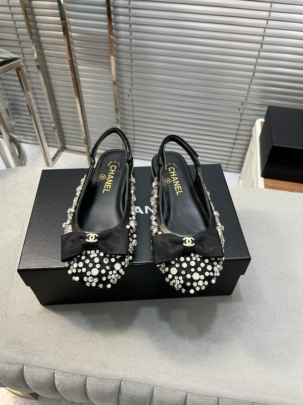 slingback piatto nero ciotola seta fibbia diamante