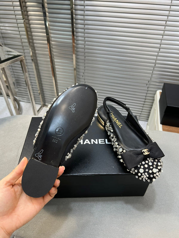 slingback piatto nero ciotola seta fibbia diamante