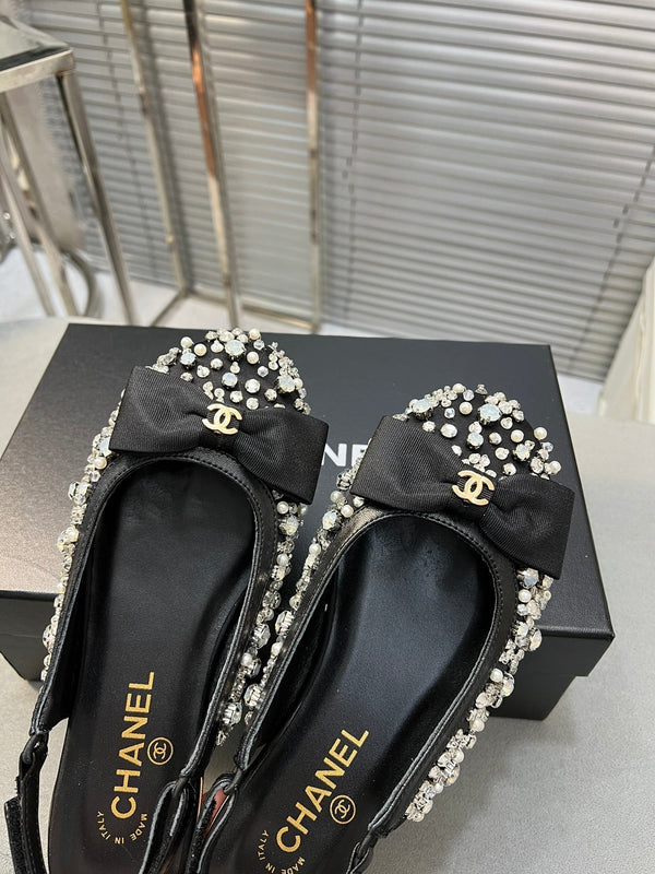 slingback piatto nero ciotola seta fibbia diamante
