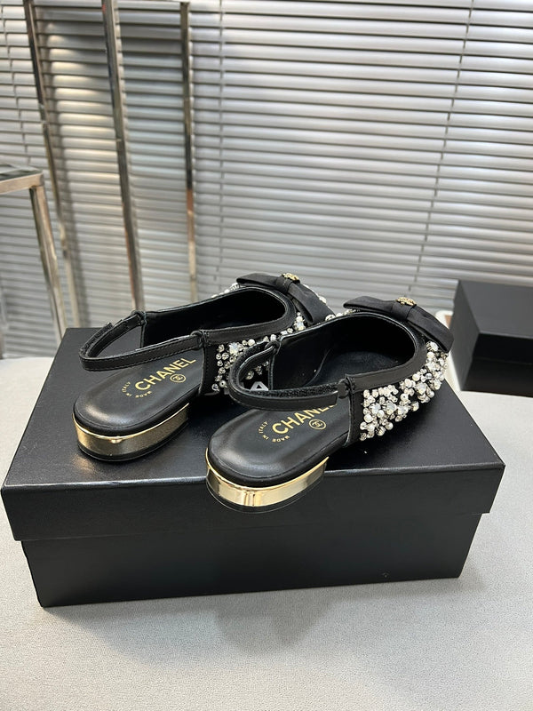 slingback piatto nero ciotola seta fibbia diamante