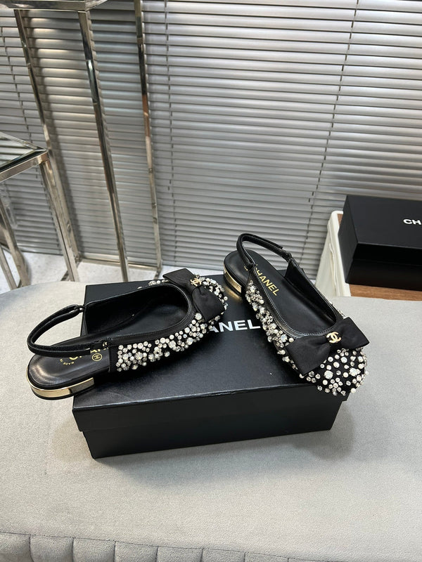 slingback piatto nero ciotola seta fibbia diamante