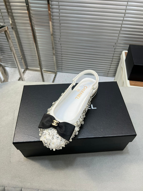 slingbacks flat white bowl silk diamond buckle