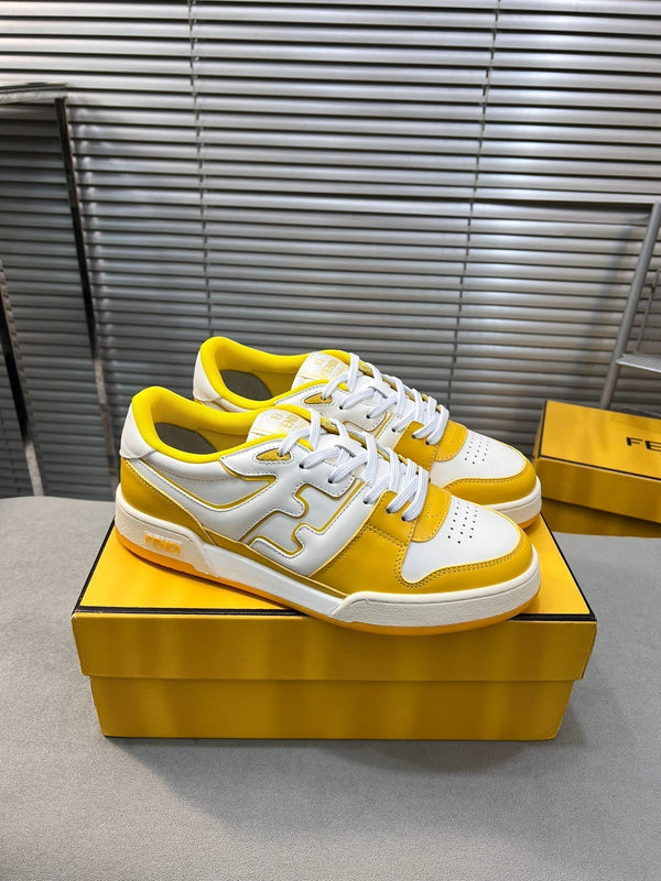 FENDI MATCH LOW TOPS IN BRIGHT YELLOW MIX WHITE CALFSKIN AND MESH
