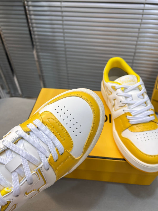 FENDI MATCH LOW TOPS IN BRIGHT YELLOW MIX WHITE CALFSKIN AND MESH