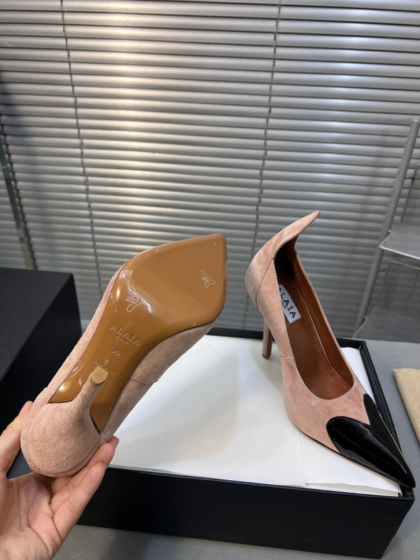 ALAIA HIGH PUMPS 10CM IN ALMOND BEIGE SUEDE MIX BLACK CALFSKIN