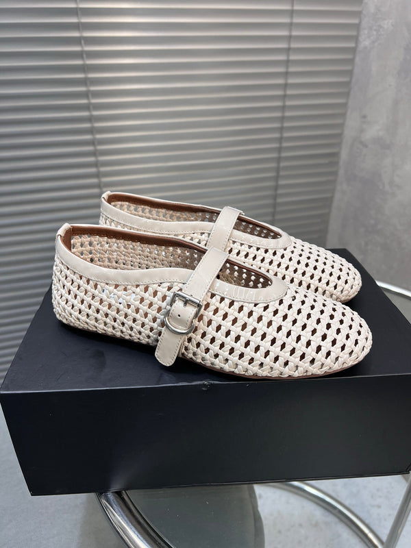 Alaia Braided Hollow Ballet Flats Ivory Cowhide 300043