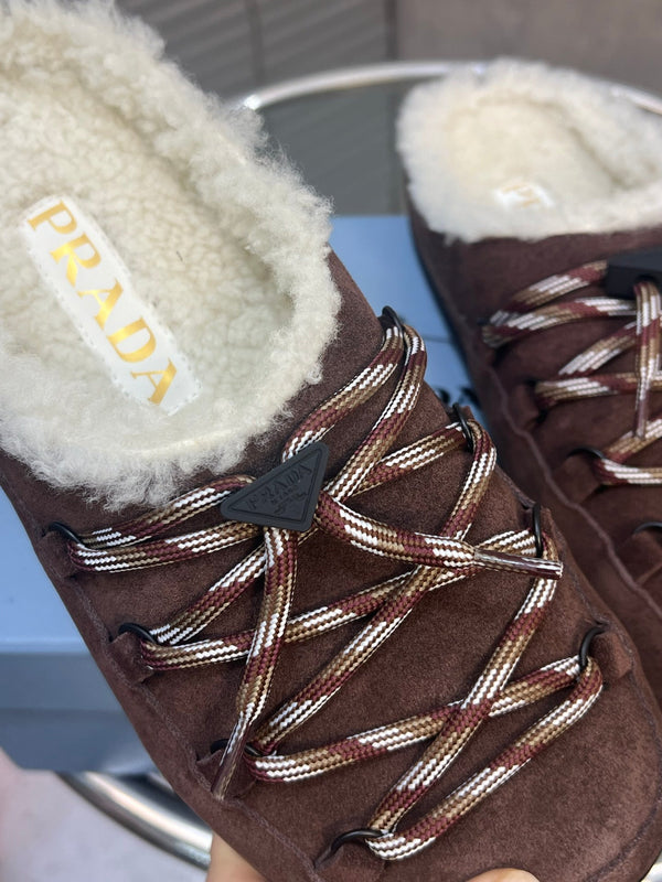 Prad 26s Mules Lace-up Coffe Suede Shearing 952898
