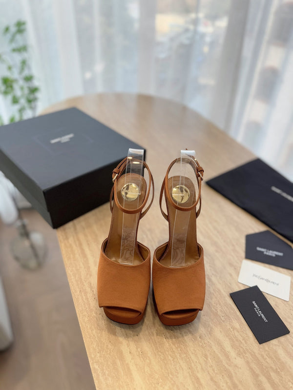 LA SCANDALE HIGH 14 CM PLATFORM SANDALS IN BRONZE BROWN SATIN CREPE