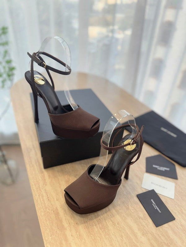 LA SCANDALE HIGH 14 CM PLATFORM SANDALS IN CHOCOLATE BROWN SATIN CREPE