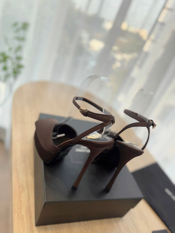 LA SCANDALE HIGH 14 CM PLATFORM SANDALS IN CHOCOLATE BROWN SATIN CREPE