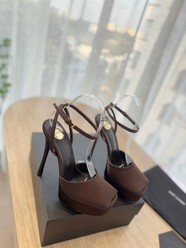 LA SCANDALE HIGH 14 CM PLATFORM SANDALS IN CHOCOLATE BROWN SATIN CREPE