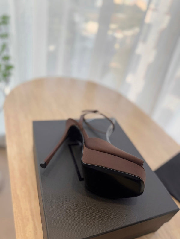 LA SCANDALE HIGH 14 CM PLATFORM SANDALS IN CHOCOLATE BROWN SATIN CREPE