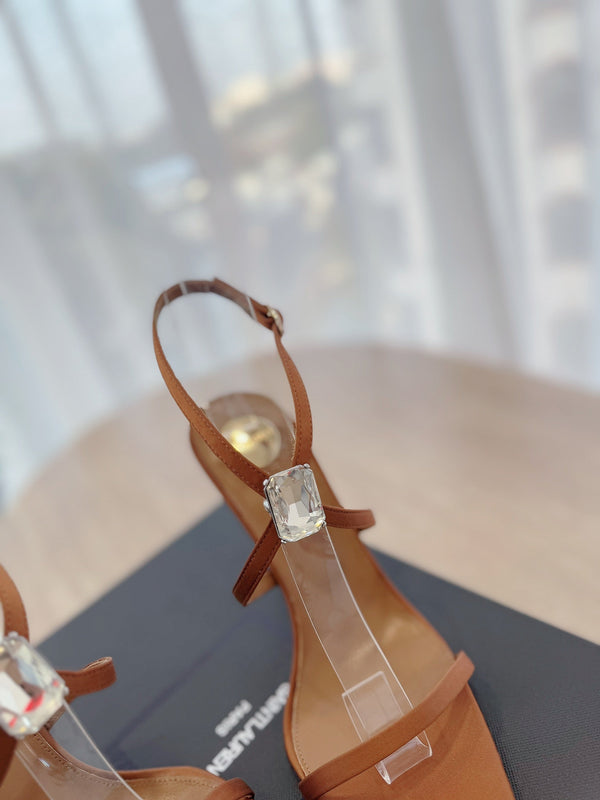 SANDALO TACCO ALTO 10 CM IN CREPE DI RASO MARRONE BRONZO E CRISTALLO