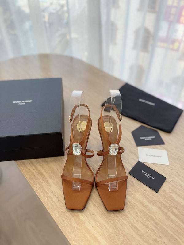 SANDALO TACCO ALTO 10 CM IN CREPE DI RASO MARRONE BRONZO E CRISTALLO