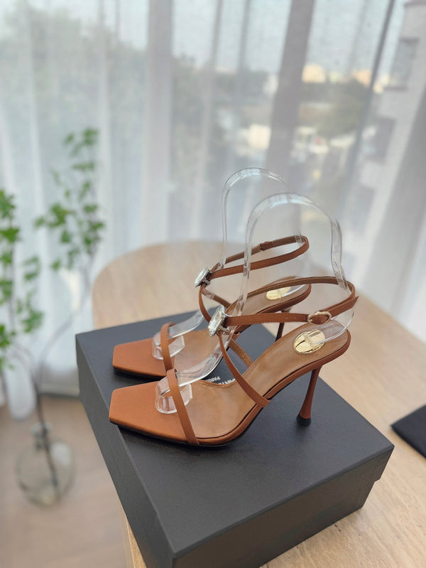 SANDALO TACCO ALTO 10 CM IN CREPE DI RASO MARRONE BRONZO E CRISTALLO