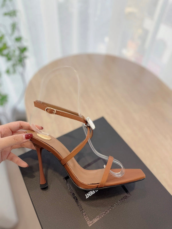 SANDALO TACCO ALTO 10 CM IN CREPE DI RASO MARRONE BRONZO E CRISTALLO