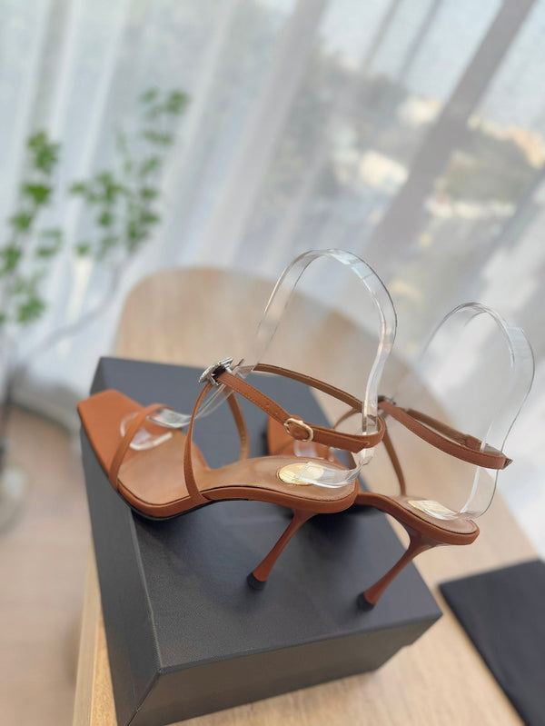 SANDALO TACCO ALTO 10 CM IN CREPE DI RASO MARRONE BRONZO E CRISTALLO