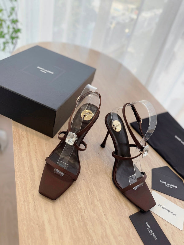 SANDALO TACCO ALTO 10 CM IN CREPE DI RASO MARRONE CIOCCOLATO E CRISTALLI